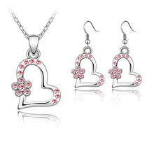 Fashion Wholesale Austria crystal women Beautiful flowers Heart shape pendant necklace/earrings wedding Jewelry Sets 2024 - buy cheap