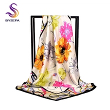[BYSIFA] Fashion Silk Scarf Shawl 2018 New Autumn Winter Women 100% Pure Silk Scarf Elegant Floral Large Square Head Scarves 2024 - buy cheap