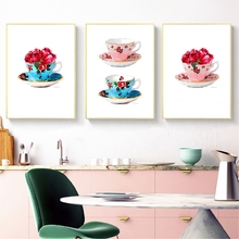 Teacup vintage com peônia posters e estampas aquarela chique francês país casa cozinha arte pintura em tela decoração da parede 2024 - compre barato