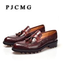 PJCMG New Men's British Style Genuine Crocodile Pattern Leather Pointed Toe Lace-Up Cowhide Dress Wedding  Flat Oxford Men Shoes 2024 - buy cheap