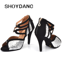 SHOYDANC/танцевальная обувь для латинских женщин; серебристая блестящая ткань; профессиональная танцевальная обувь для сальсы; черные замшевые каблуки 6-10 см; женская танцевальная обувь 2024 - купить недорого