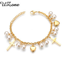 UZone-Pulseras de cadena con dijes de corazón y perlas para mujer, brazaletes de acero inoxidable con cruz de Jesús, regalo 2024 - compra barato