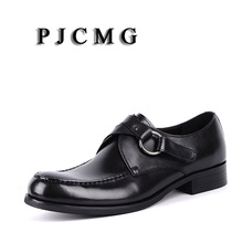 PJCMG New Fashion Comfortable Black/Red Genuine Leather Buckle Strap Pointed Toe Flat Man Casual Classic Formal Dress Shoes 2024 - buy cheap