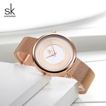 Relógio feminino de aço inoxidável shengke, relógio de pulso quartz para mulheres 2024 - compre barato