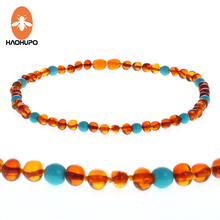 HAOHUPO Cognac Color Amber Necklace with Natural Turquoise Certificate Genuine Baltic Amber Adult Baby Jewelry Women Necklace 2024 - buy cheap