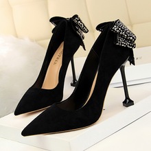 Women Sexy Club Super 9.5cm Thin High Heel Pointed Toe Shallow Shoes 2019 Ladies Fashion Slip-on Crystal Bow Party Pumps Shoes 2024 - buy cheap