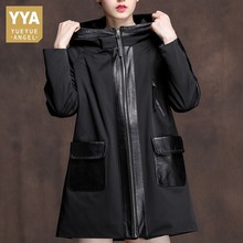 Abrigos de algodón de retales de cuero de Genunie para mujer, chaquetas con capucha de longitud media holgadas informales de piel de oveja a prueba de viento, otoño e invierno, novedad 2024 - compra barato