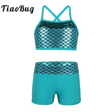 TiaoBug-Tankini de lentejuelas para niños y adolescentes, traje de baile de escenario, gimnasia, Ballet, Top corto con pantalones cortos 2024 - compra barato