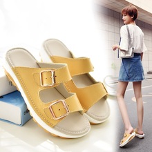 Summer Candy color beach slides women wedges platform shoes cork sandals cozy cow leather anti-skid thick bottom buckle slippers 2024 - buy cheap