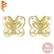 BELAWANG Romantic 925 Sterling Silver Earrings for Women Tiny Crystal Yellow Gold Butterfly Stud Earrings Fashion Jewelry Gifts 2024 - buy cheap