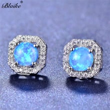 Blaike Round Cut Blue/Green/White Fire Opal Square Stud Earrings for Women Silver Color Wedding Jewelry Xmas Gifts 2024 - buy cheap