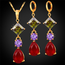 Water Drop Necklace Earrings Set For Women Fashion Jewelry Gold Color Colorful Cubic Zircon Bridal Jewelry Sets PE1118 2024 - buy cheap