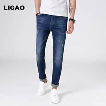LIGAO Men's Jeans 2018 Casual Distressed Jean Slim Fit Ripped Scratched Elastic Straight Pant Trousers Men Male Denim Jeans 2024 - buy cheap
