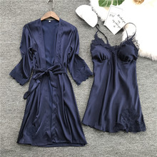 Conjunto de 2 peças mulheres robe de seda sexy rendas cetim roupão pijamas roupa de dormir casa vestido feminino quimono da dama de honra robes lounge conjunto 2024 - compre barato