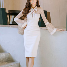 Women Elegant White Lace Hollow out Long Sleeve Slim Sheath Dress Prom Party Dresses Office Lady Spring Vestidos 2024 - buy cheap
