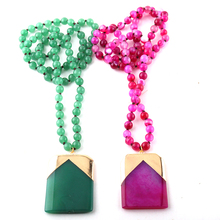 Fashion Bohemian Jewelry Green/Hot Pink Stones Knotted Stone Pendant Necklaces For Women Ethnic Necklace 2024 - buy cheap