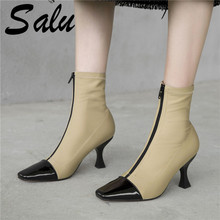 Salu Top Quality Booys Women Ankle Boots High Heels Square Toe Genuine Leather Ladies Shoes Woman Warm Autumn Short Basic 2024 - buy cheap