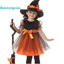 Fantasía chicas traje de Halloween Cosplay bruja vestido ropa de niños mascarada Cosplay niño Show traje para niñas sombrero + vestido 2024 - compra barato