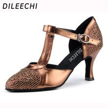 DILEECHI women's latin dance shoes salsa modern Ballroom dancing shoes brown grey flash soft outsole Steady heel 7cm 2024 - buy cheap