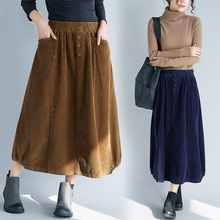 #1708 Solid Color Corduroy Skirt Woman Pleated Mid-calf Plus Size Autumn Winter Korean Style A-line Long Casual Skirts For Women 2024 - buy cheap