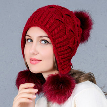 Senhora Chapéu de Lã Tricotada Meninas Bola Pompom Cap Fêmea Chapéus de Tricô Quente Chapéu de Lã Três-Gorro de lã de Dupla Camada coelho Cabelo Chapéu A79 2024 - compre barato