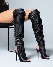 Botines preto verão coxa de couro salto alto sobre o joelho botas da motocicleta peep toe zíper fivela punk sapatos pista mulher 2024 - compre barato