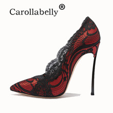 Sapatos femininos bico fino 10cm, salto alto sensual de metal com estampa floral e renda, sapatos para festa em boate 2024 - compre barato