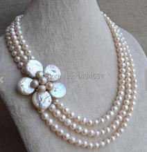 Wholesale Pearl Jewelry - 19-21 Inches Coin Flower 7-8MM Triple - Rows Genuine Freshwater Pearl Necklace - Wedding Party Gift. 2024 - buy cheap