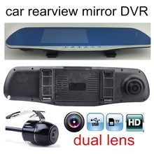 Espelho retrovisor azul hd para carro, 4.3 polegadas, dvr, gravador de vídeo, filmadora, lente dupla com câmera traseira 2024 - compre barato