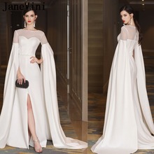 JaneVini Elegant White Beads Long Bridesmaid Dresses Mermaid Long Sleeve Front Split Zipper Back Satin Sweep Train Vestidos Dama 2024 - buy cheap