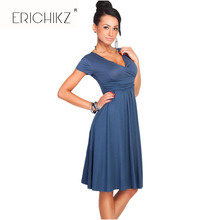 ERICHIKZ New Women Casual Party Dresses V-Neck Short Sleeve Knee-Length Cotton Draped Solid Loose vestidos for lady 2024 - buy cheap