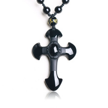 Natural Stone Obsidian Cross Amulet Pendant Necklace Hand Carved Pendant with Lucky Free Beads Chain For Women Men Jewelry 2024 - buy cheap