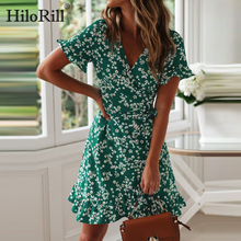 HiloRill Bohemian Women Summer Dresses Boho Floral Print Casual Beach Dress Sexy V-Neck Wrap Bodycon Mini Dress Ruffles Sundress 2024 - buy cheap