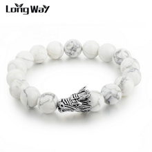 8mm White Green Natural Stone Beads Bracelet for Women Silver Leopard Head Braceleta Mens Bracelets 2016 Pulseiras 2024 - buy cheap