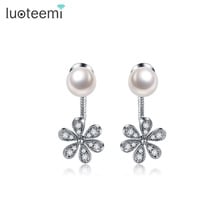 LUOTEEMI New Elegant Delicate Simulated Pearl Flower Pendant Dangle CZ Silver Pin Drop Earrings for Women Bridal Wedding Brincos 2024 - compra barato