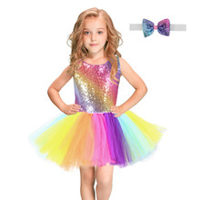 Vestido de tutú de lentejuelas de arcoíris para niños, moda sin espalda, sin mangas, tul, ropa para niñas, vestidos de fiesta coloridos 2024 - compra barato