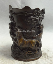 Xd 00744 китайская Бронзовая резная статуя 5 головы тигра сосновая древесина карандаш ваза кисть бочонок горшок 2024 - купить недорого