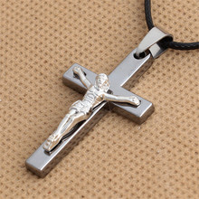 Christian Titanium Steel Crucifix Jesus Piece Cross Pendant Necklace Black Leather Chain Necklace Women Men Jewelry Accessories 2024 - buy cheap