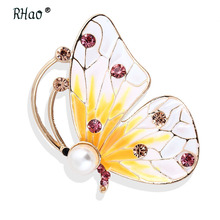 RHao популярная желто-белая эмалированная брошь с бабочкой, розовая брошь-бабочка со стразами, брошь-бабочка, булавка для воротника, корсаж, шарф-булавка 2024 - купить недорого