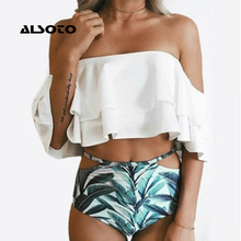 ALSOTO-Bikini de cintura alta con realce para mujer, traje de baño Con parte inferior a rayas, conjunto de Bikini con hombros descubiertos 2024 - compra barato