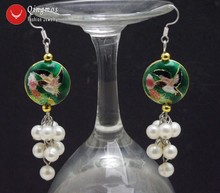 Qingmos Natural Pearl Earrings for Women with 6-7mm White Pearl and 18mm Dark Green Dangle Cloisonne Earrings for Women Jewelry 2024 - buy cheap