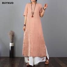 BUYKUD 2018 New Round Neck Short Sleeve Cotton Linen Embroidery Women Dress For Summer Loose Long Female Dresses Size L 2024 - buy cheap