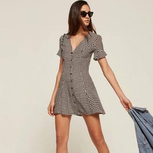 Sexy Deep V-neck Short Sleeve Black White Plaid Dress2021 European Vintage Single Breasted Summer Dresses Women Clothes QH290 2024 - buy cheap