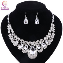 Woman Silver Color Necklace Crystal Earrings Wedding Beads Fashion Jewelry Sets Gift 2024 - buy cheap