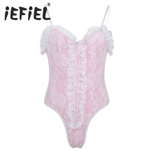 Mens Pink High Cut Ruffle Lace Teddy Crossdress Lingerie Floral Lace See Through Mesh Sissy Pouch Bodysuit Sexy Men Nightwear 2024 - buy cheap