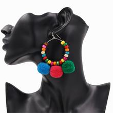 1 Pair Fashion Bohemia Women's Trendy Long Earrings Pompom Colorful Wooden Beads Hoop Earrings Ear Drop Jewelry 2024 - buy cheap