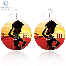 SOMESOOR Afro Ethnic Beauty Headwrap Woman Wooden Drop Earrings African Tribal Art Design Boths Sides Printing Jewelry Gifts 2024 - buy cheap