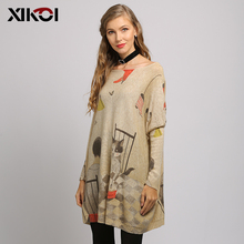 XIKOI Long  Women Sweater Casual Coat Batwing Sleeve Cat Print Women's Sweaters Clothes Pullovers O-Neck Knitted Dress 2024 - buy cheap