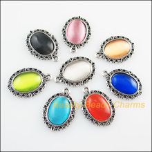 New 16Pcs Mixed Retro Tibetan Silver Stone Oval Charms Pendants 16.5x23mm 2024 - buy cheap