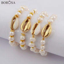 BOROSA 5PCS Elegant Gild Natural Cowrie Shell with Freeform Freshwater Pearl Beads 7.4inch Bracelets Lady Beach Jewelry HD0074 2024 - buy cheap